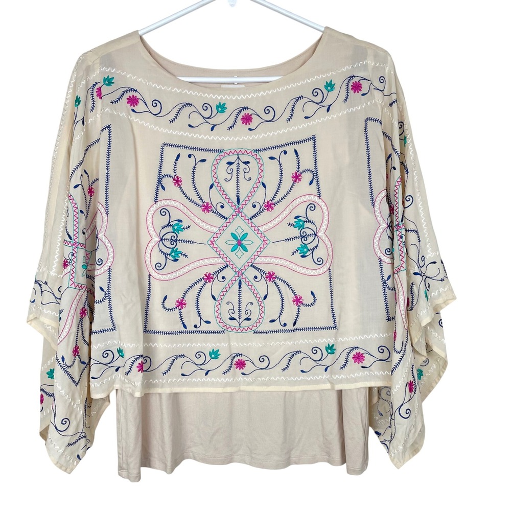 Chicos Top‎ Sz M Embroidered Resort Poncho Artsy Oversized Flowy Beachy Boho